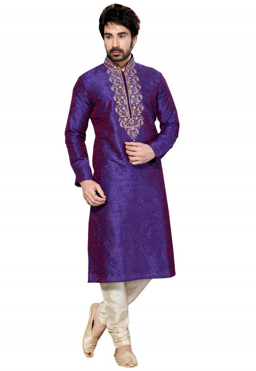 Buy Embroidered Dupion Silk Kurta Set Purple Online Mnb313 Utsav Fashion 