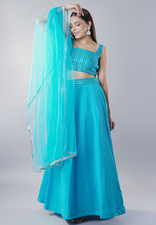 Embroidered Dupion Silk Lehenga in Blue
