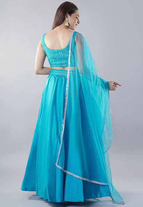 Embroidered Dupion Silk Lehenga in Blue