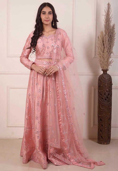 Embroidered Dupion Silk Lehenga in Dark Peach