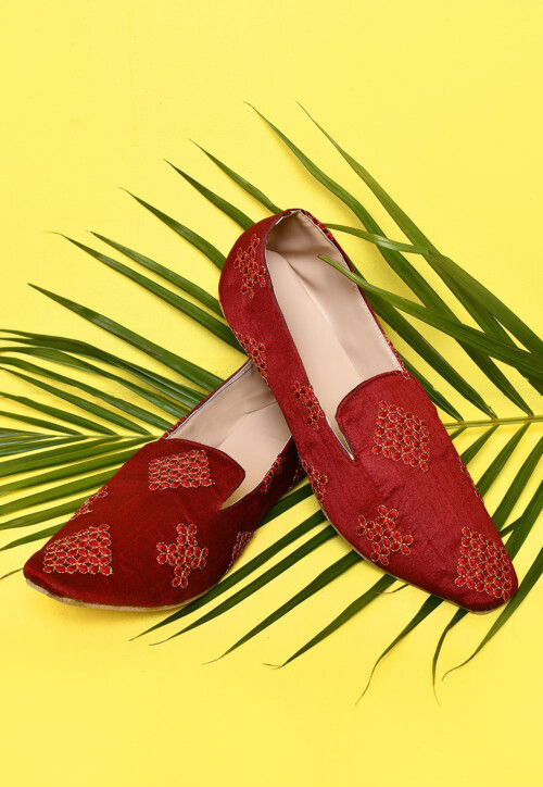 Embroidered Dupion Silk Men Loafer in Maroon