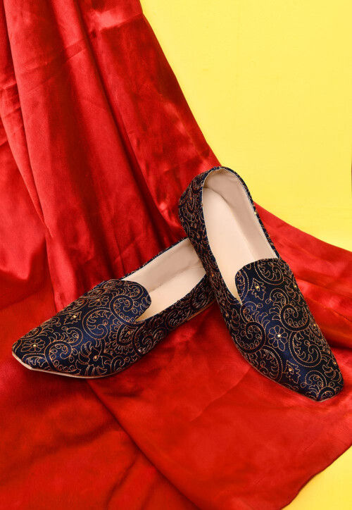 Embroidered Dupion Silk Men Loafer in Navy Blue
