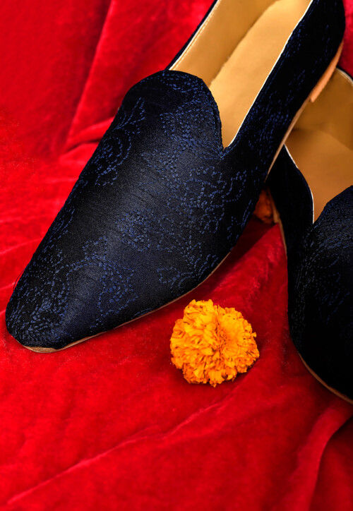 Embroidered Dupion Silk Men Mojari in Navy Blue