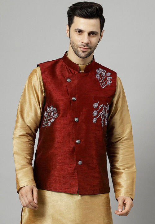 Embroidered Dupion Silk Nehru Jacket in Maroon