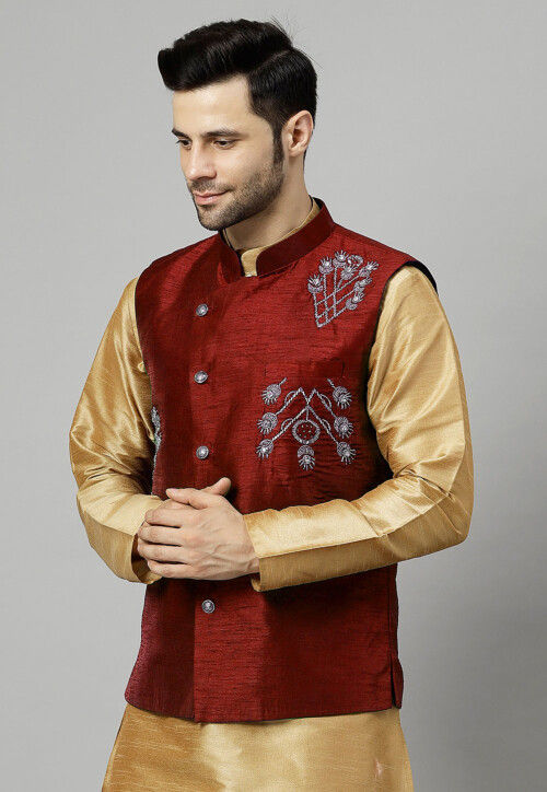 Embroidered Dupion Silk Nehru Jacket in Maroon