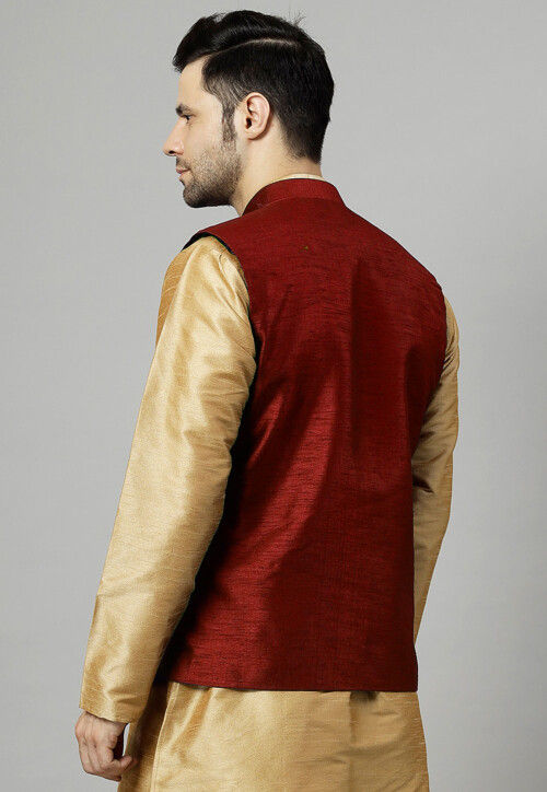 Embroidered Dupion Silk Nehru Jacket in Maroon