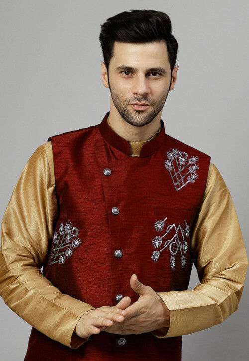 Embroidered Dupion Silk Nehru Jacket in Maroon