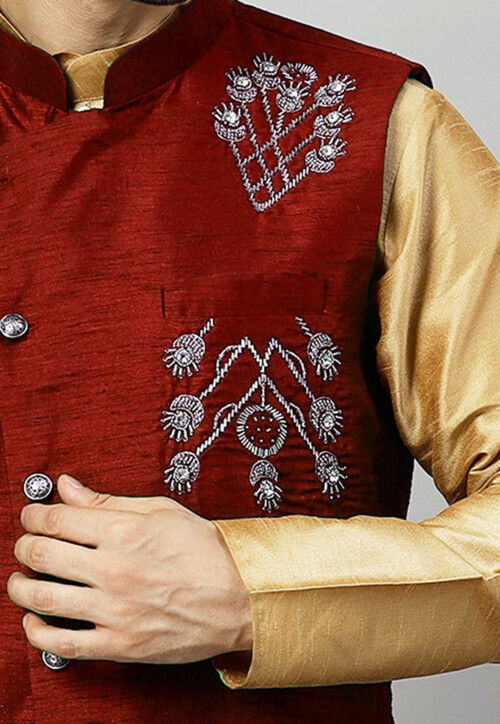 Embroidered Dupion Silk Nehru Jacket in Maroon