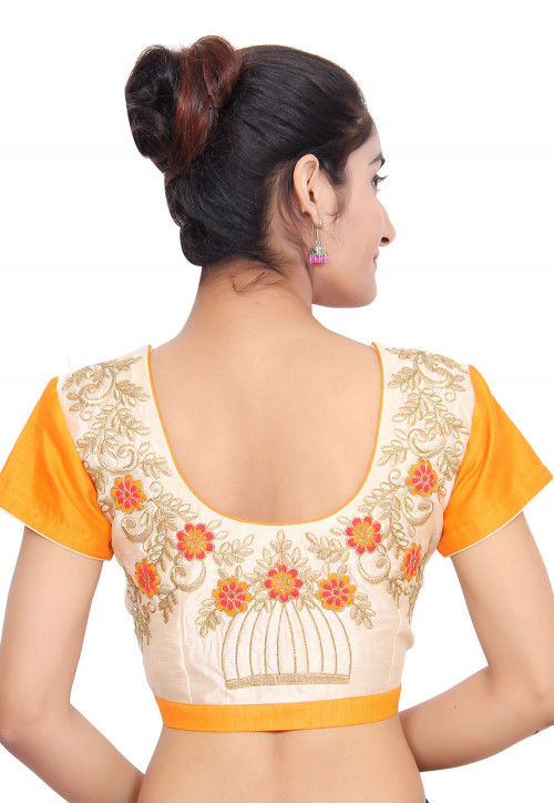Embroidered Dupion Silk Padded Blouse in Mustard and Off White