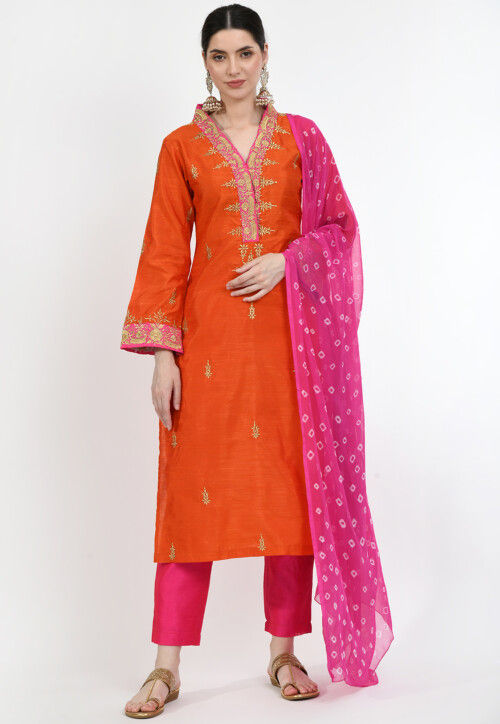 Embroidered Dupion Silk Pakistani Suit in Orange