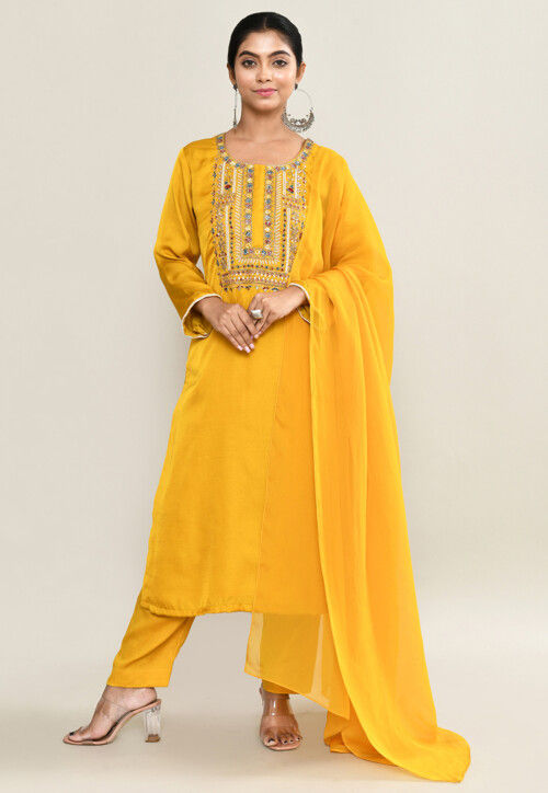 Embroidered Dupion Silk Pakistani Suit in Yellow