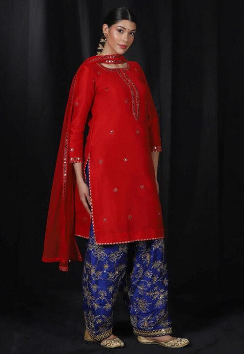Embroidered Dupion Silk Punjabi Suit in Red