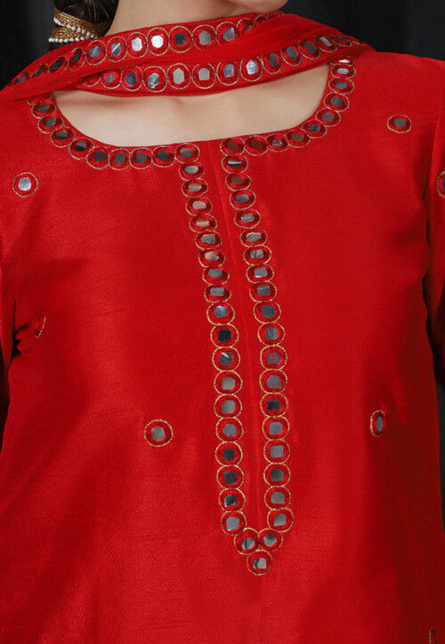 Embroidered Dupion Silk Punjabi Suit in Red