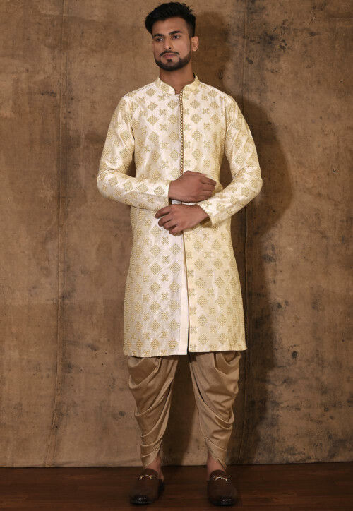 Embroidered Dupion Silk Sherwani in Beige