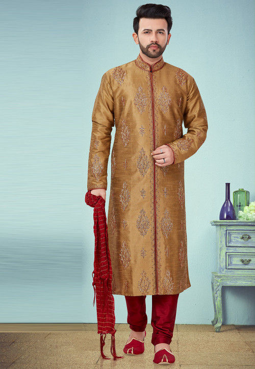 Embroidered Dupion Silk Sherwani in Beige