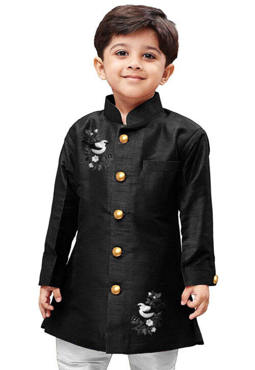 Embroidered Dupion Silk Sherwani in Black