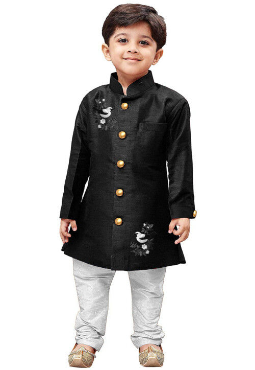 Embroidered Dupion Silk Sherwani in Black