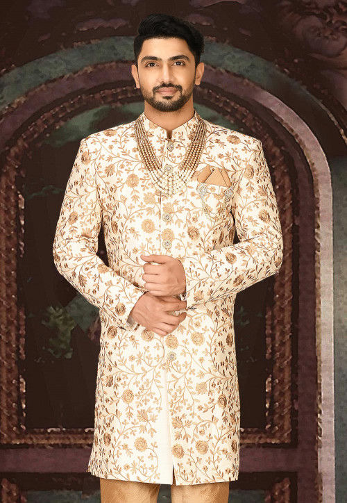 Embroidered Dupion Silk Sherwani in Cream