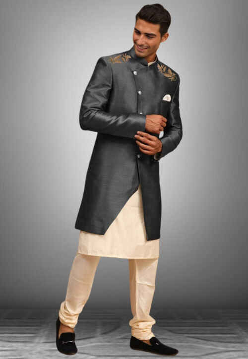 Embroidered Dupion Silk Sherwani in Dark Grey