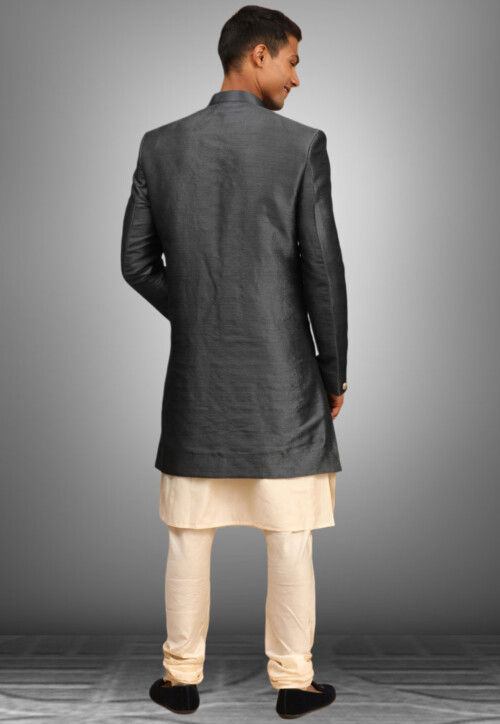 Embroidered Dupion Silk Sherwani in Dark Grey