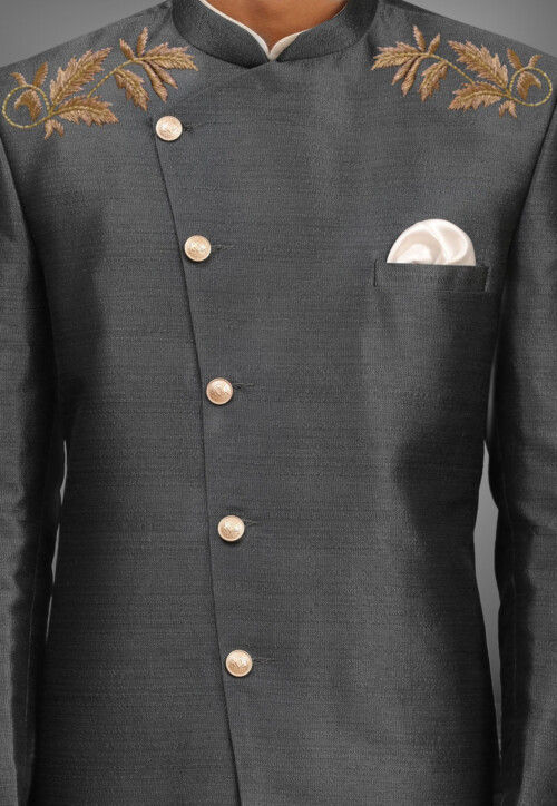 Embroidered Dupion Silk Sherwani in Dark Grey