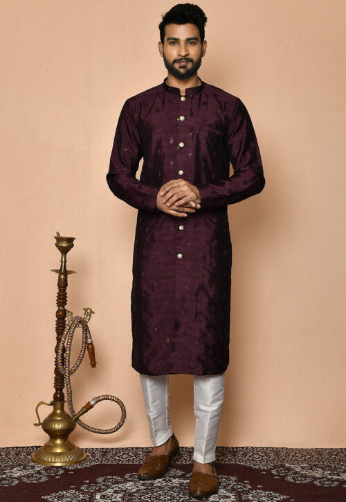 Embroidered Dupion Silk Sherwani in Dark Purple