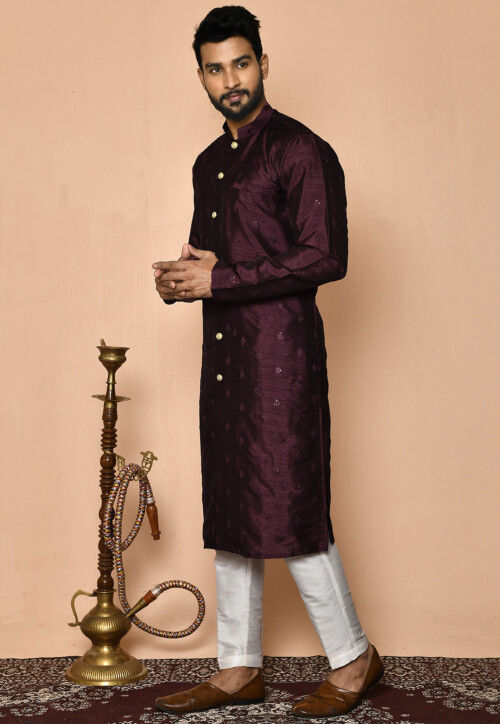 Embroidered Dupion Silk Sherwani in Dark Purple