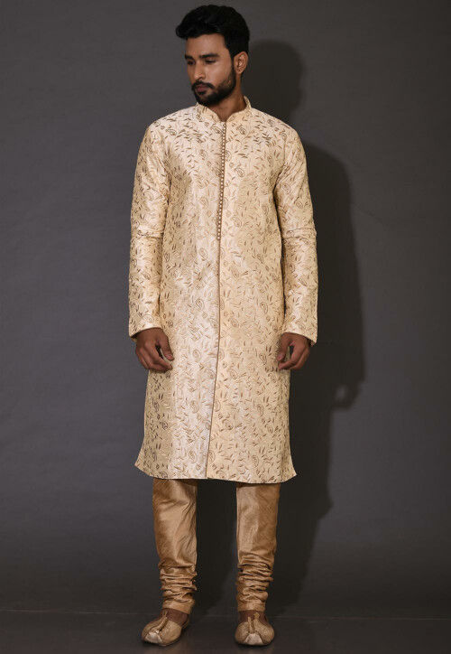 Embroidered Dupion Silk Sherwani in Light Beige