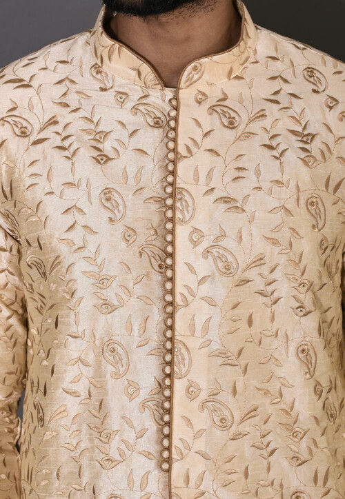 Embroidered Dupion Silk Sherwani in Light Beige