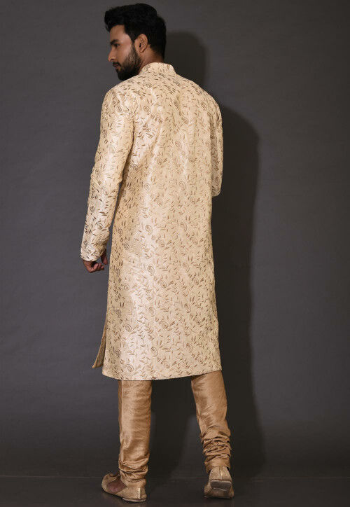 Embroidered Dupion Silk Sherwani in Light Beige