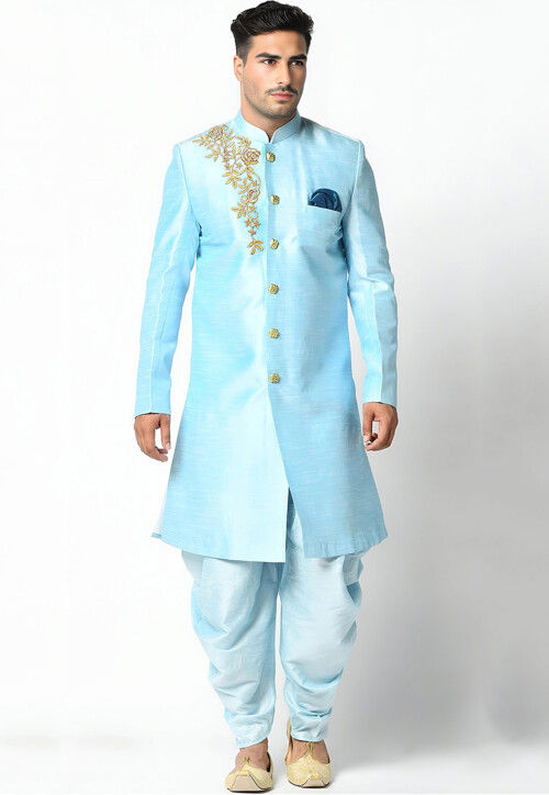 Embroidered Dupion Silk Sherwani in Light Blue
