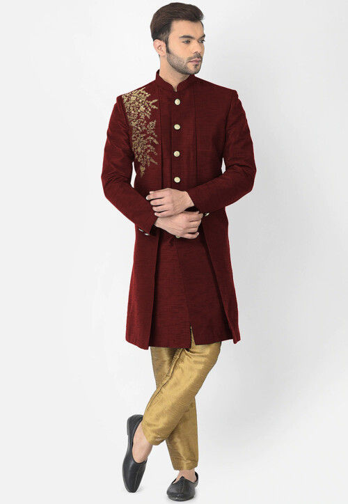 Embroidered Dupion Silk Sherwani in Maroon