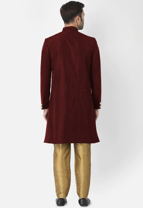 Embroidered Dupion Silk Sherwani in Maroon