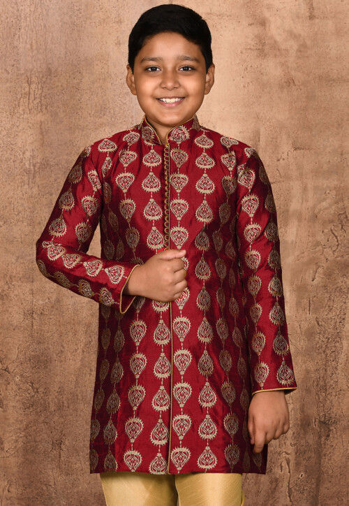 Embroidered Dupion Silk Sherwani in Maroon