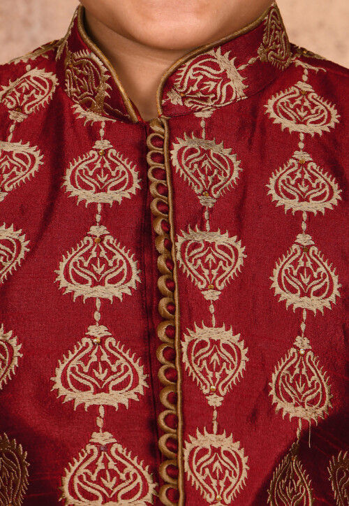 Embroidered Dupion Silk Sherwani in Maroon