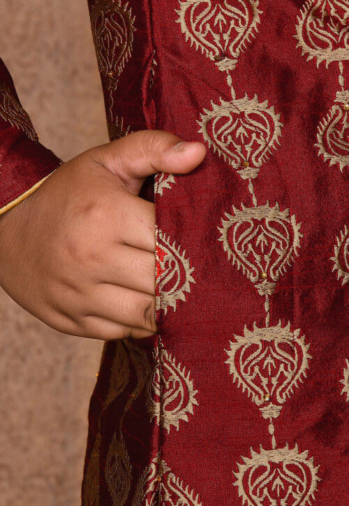 Embroidered Dupion Silk Sherwani in Maroon