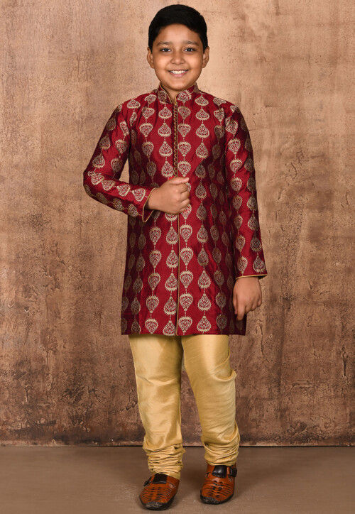 Embroidered Dupion Silk Sherwani in Maroon
