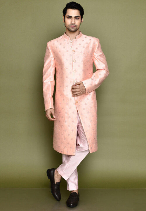 Embroidered Dupion Silk Sherwani in Peach