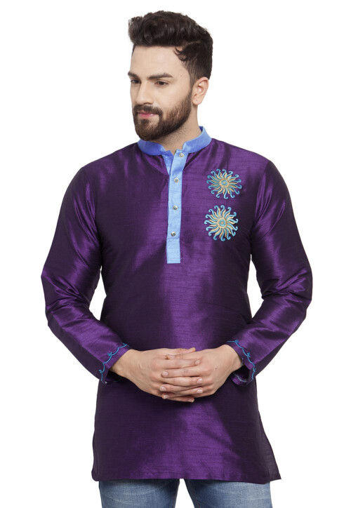 Buy Embroidered Dupion Silk Short Kurta in Dark Purple Online : MHR264 -  Utsav Fashion