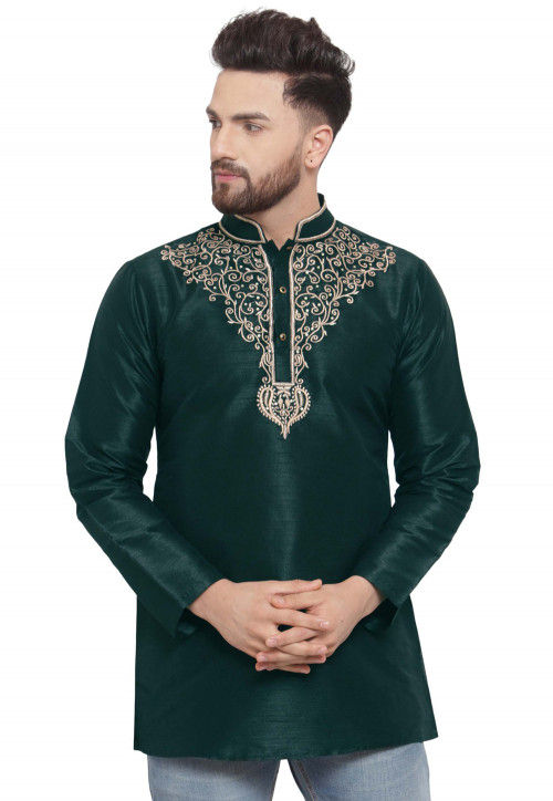 Embroidered Dupion Silk Short Kurta in Dark Teal Green