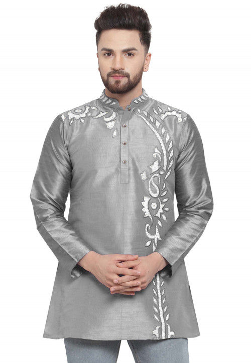 Embroidered Dupion Silk Short Kurta in Grey