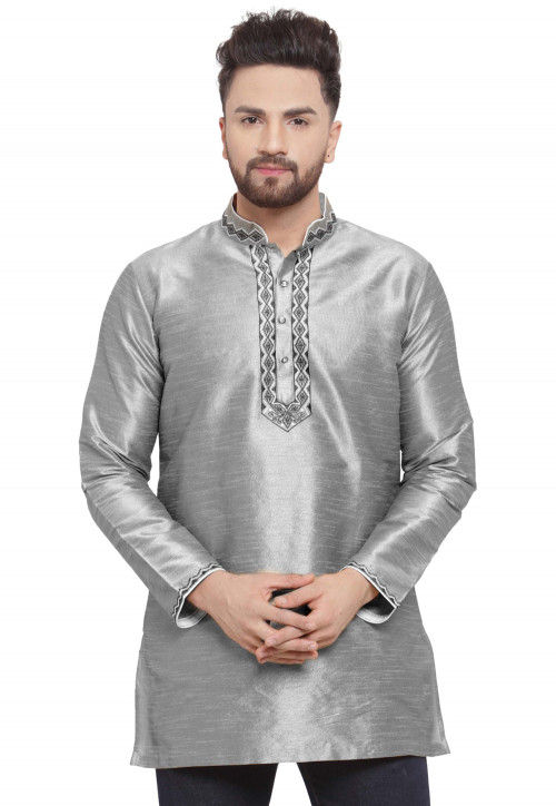 Embroidered Dupion Silk Short Kurta in Grey