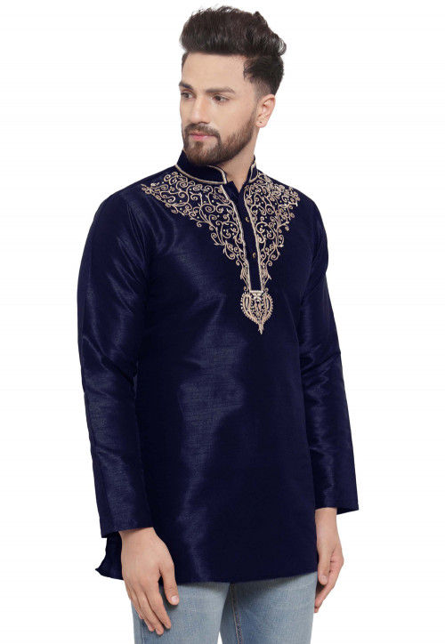 Embroidered Dupion Silk Short Kurta in Navy Blue