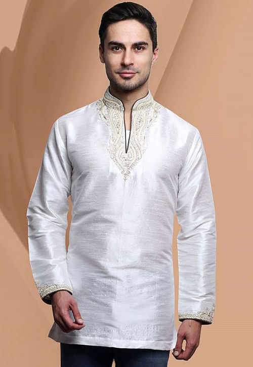 Buy Embroidered Dupion Silk Short Kurta in Off White Online MVE808 Utsav Fashion