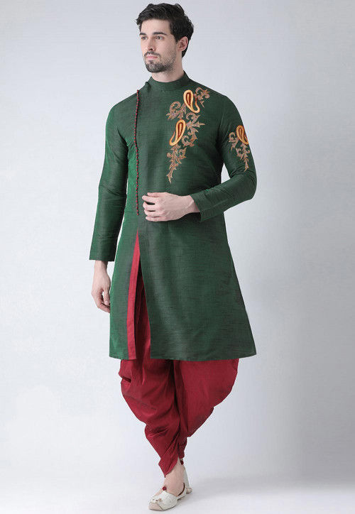 Buy Embroidered Dupion Silk Side Slit Dhoti Kurta in Dark Green Online : MVE1927 - Utsav Fashion Buy Embroidered Dupion Silk Side Slit Dhoti Kurta in Dark Green Online : MVE1927 - Utsav Fashion