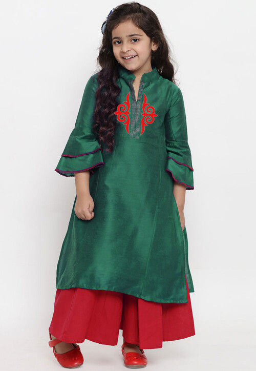 Embroidered Dupion Silk Straight Kurta Set in Dark Green