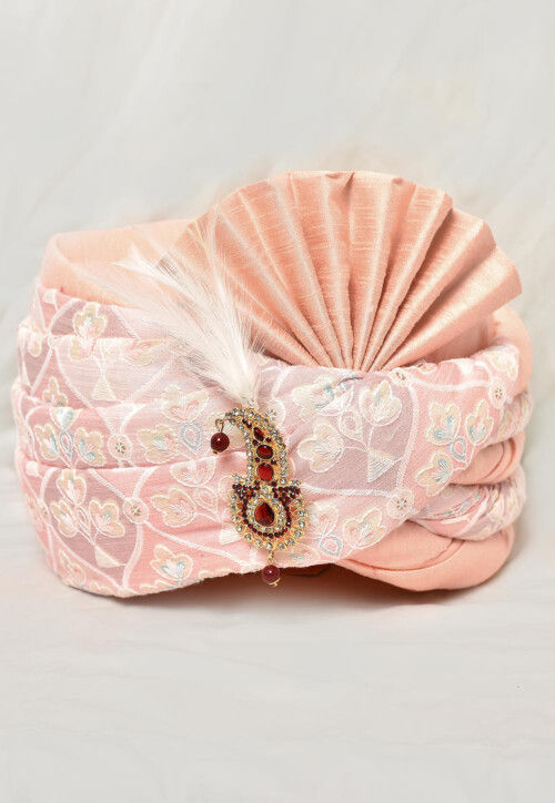 Embroidered Dupion Silk Turban in Peach