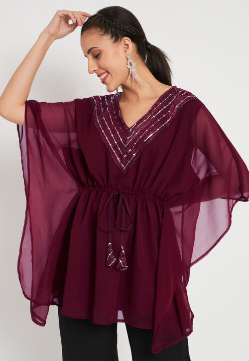 Embroidered Faux Georgette Kaftan Style Top in Wine TRB1997