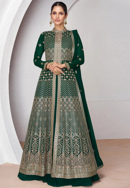 Embroidered Georgette Lehenga in Dark Green