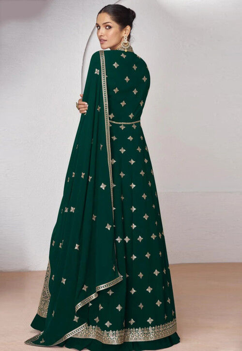 Embroidered Georgette Lehenga in Dark Green